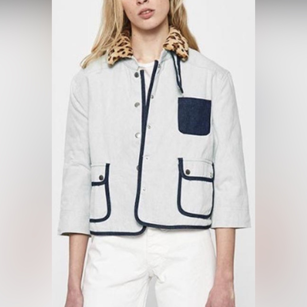 Stelen Light Blue Denim Quilted Jacket with Leopard Collared Women's Size S/M